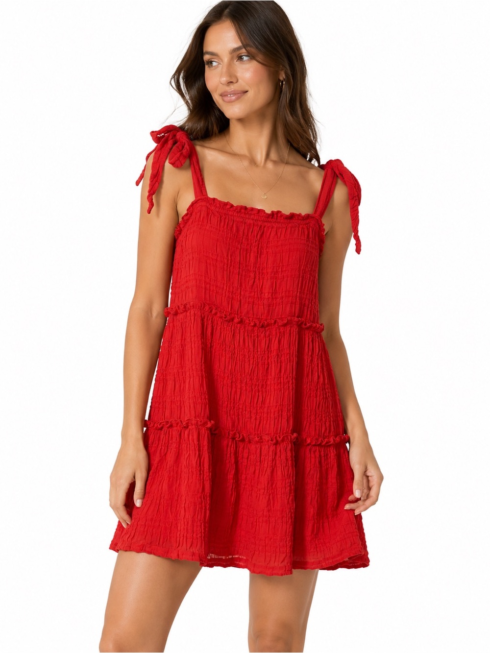 Red Tie-Shoulder smocked/tired mini dress - 0970